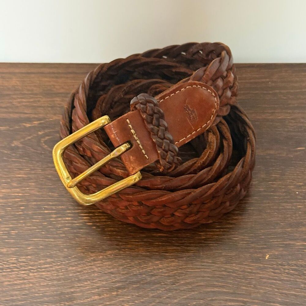 Polo Men’s brass brown woven leather Belt Size 36 - 45” max length 1.5” width